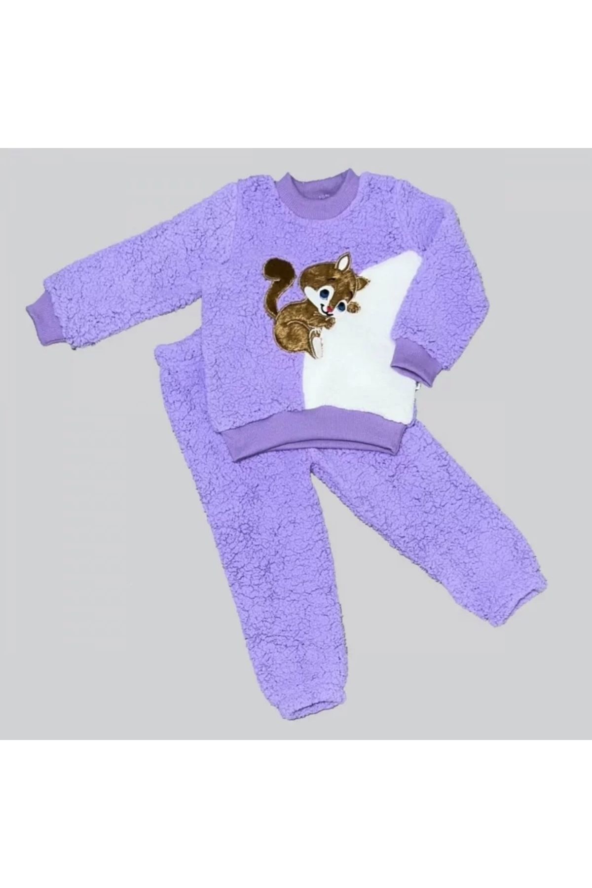 Miravm Masum Yavru Sincap Nakışlı Kuzu Kumaş Sweat Pantolon 2li Kız Erkek Bebek Takımı Lila