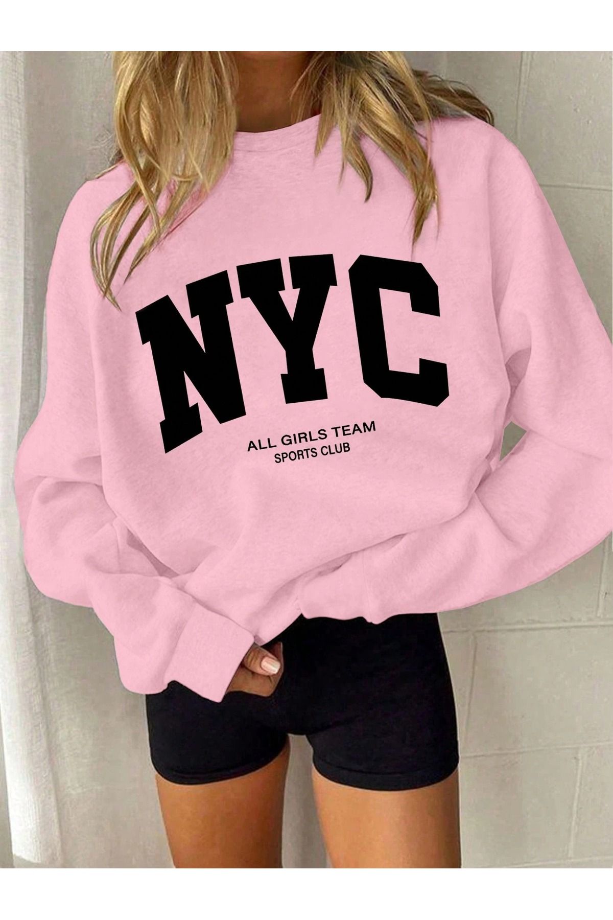 PALPİTO Hanorac Oversize Pentru Femei, Roz Nyc Girls, Cu Decolteu Rotund Femeie - S