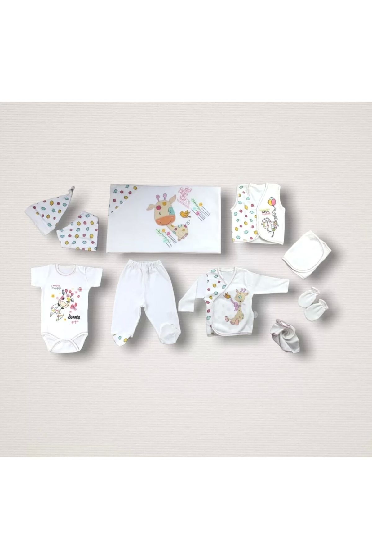 Miravm Love Zürafa Nakışlı %100 Cotton Antibakteriyel 10lu Zıbın Takımı Hastane Çıkışı Ekru