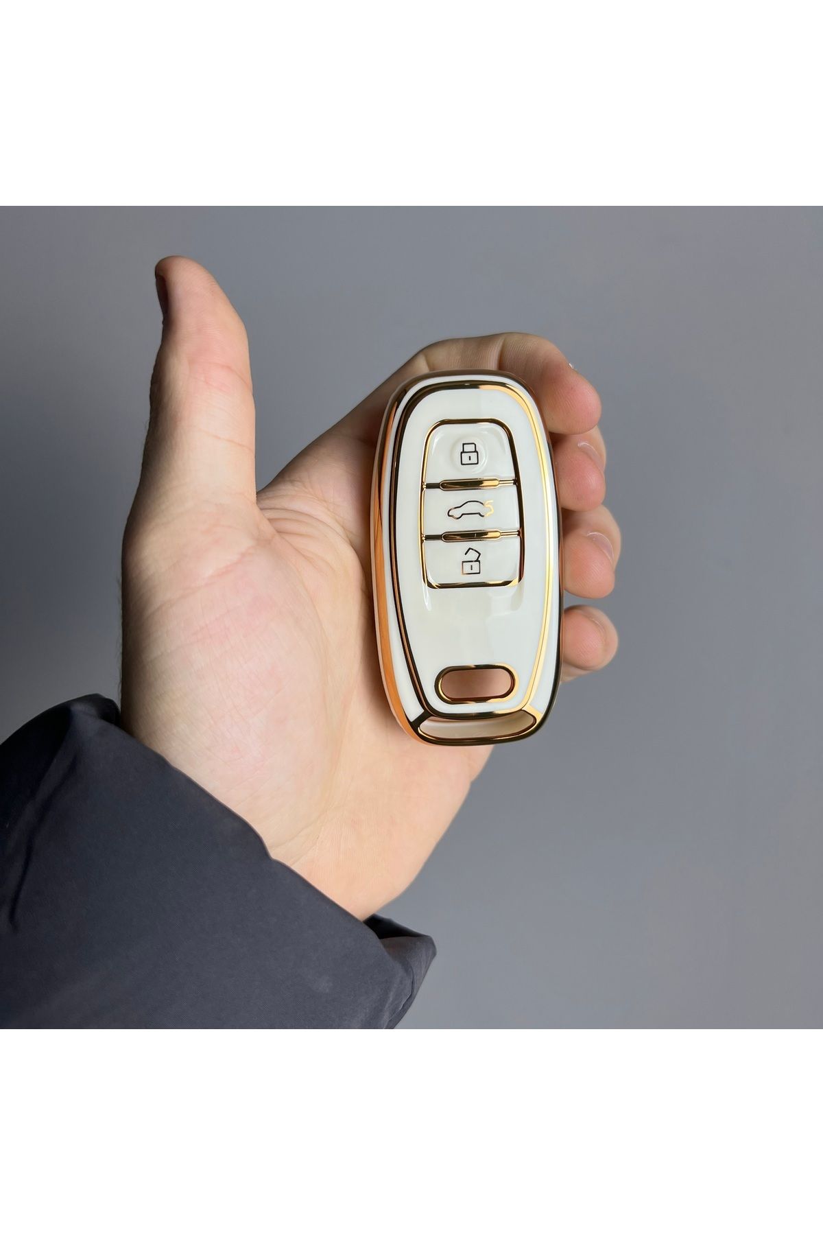 Luxe Aksesuarr Audi Smart A4 - A5 - Q5 - A6 - A7 - A8 - Koruma Anahtar Kumanda Kabı Silikon Kılıflı Beyaz Gold