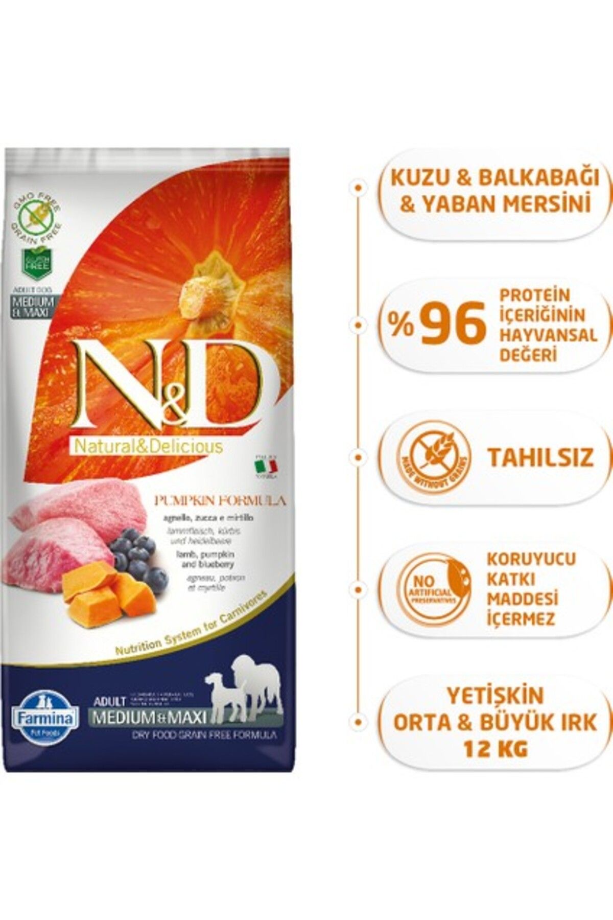 N&D Pumpkin Tahılsız Bal Kabaklı, Kuzu Etli Ve Yaban Mersinli Orta Ve Büyük Irk Yetişkin Köpek Mamas