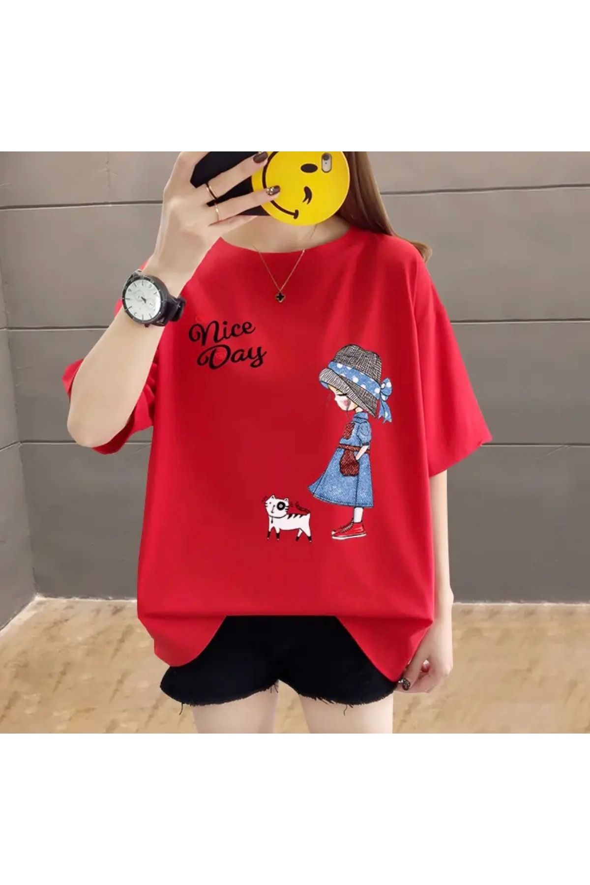 AMOR FACE BÜYÜK BEDEN ÖZEL TASARIM ŞAPKALI KIZ BASKILI ULTRA HAFİF MODERN BATTAL KADIN T-SHIRT