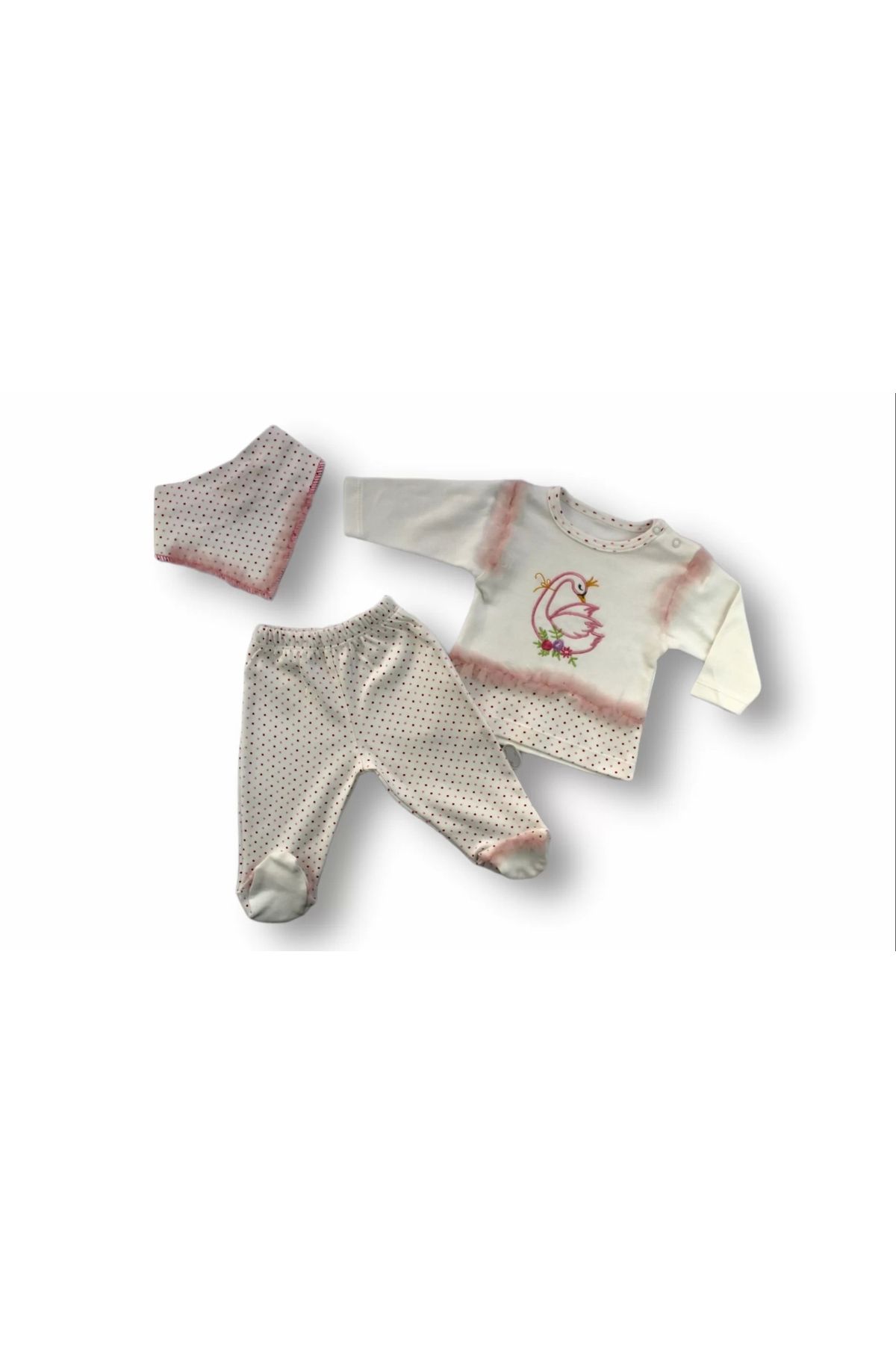 Miravm Kraliçe Kuğu Nakışlı Bandajlı Uzun Kollu Sweatli 3lü Kız Bebek Takımı Ekru