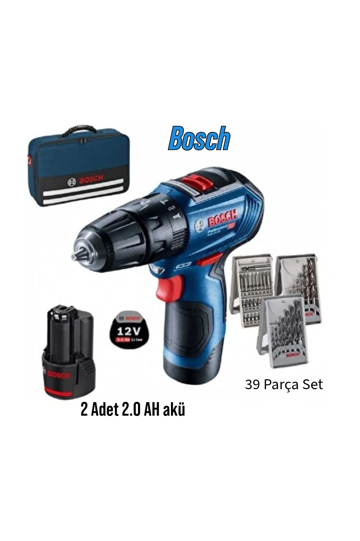 Bosch 12 V Çift Akülü Darbeli Vidalama Makinesi + 39 Parça Vidalama Set