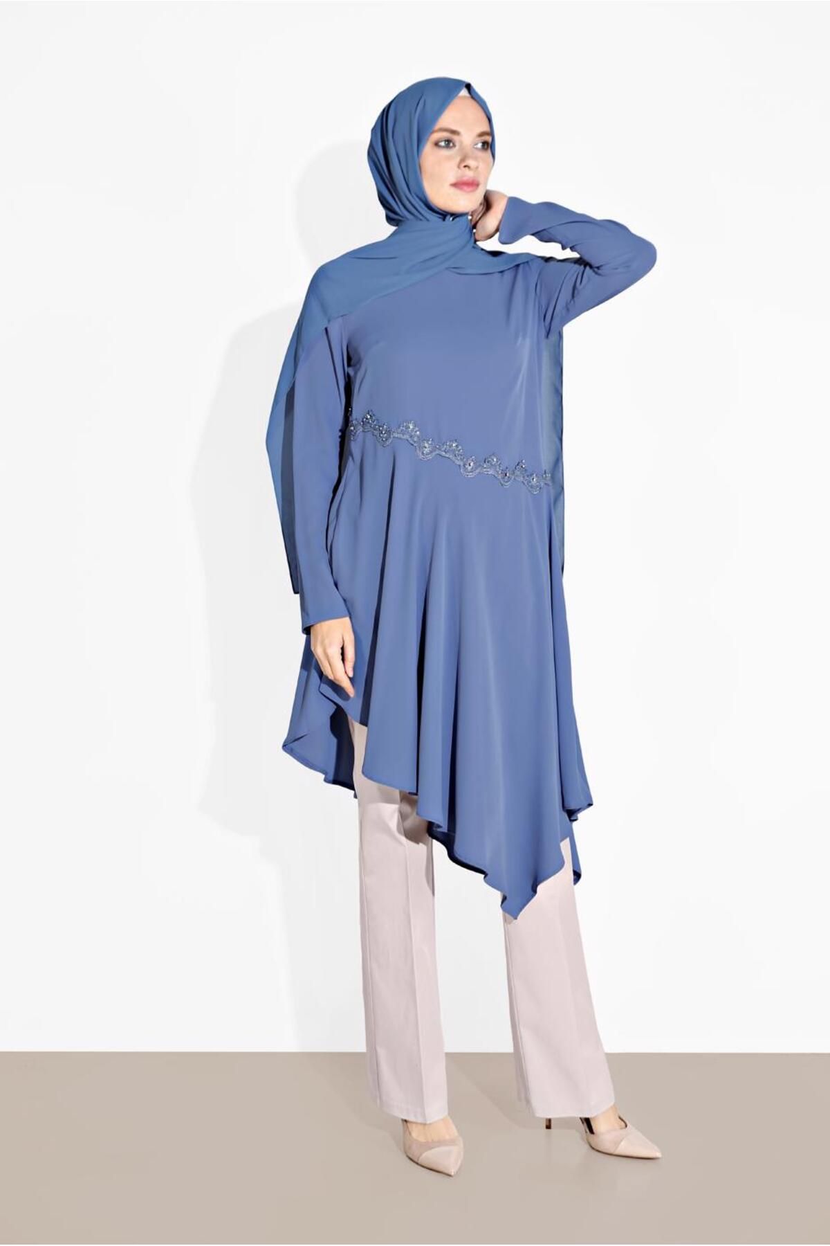 TRENDTESETTÜR-Women's Navy Blue (NDIGO) Asymmetric Cut Tunic 4250 2