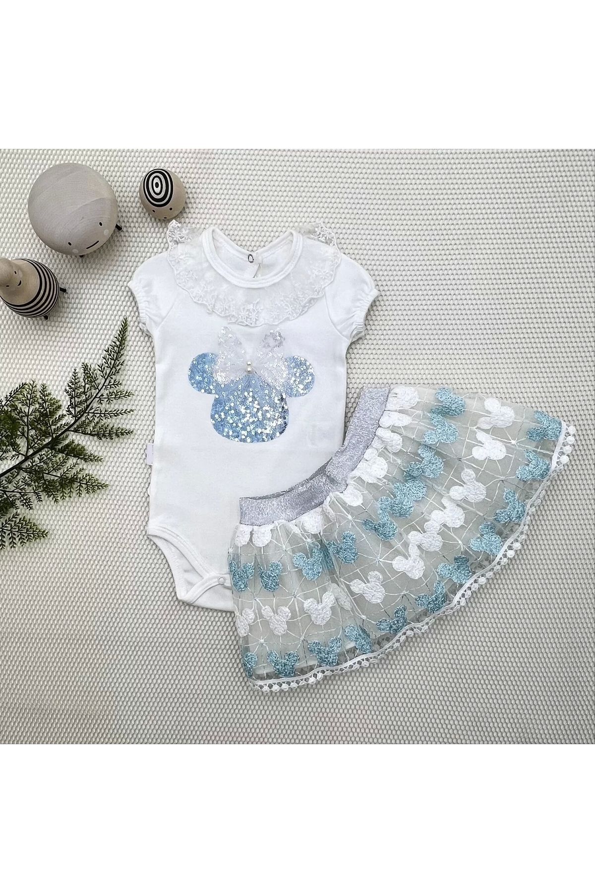 Miravm Petli Mickey Nakışlıkısa Kollu Brode Etekli 2li Kız Bebek Takımı Turkuaz
