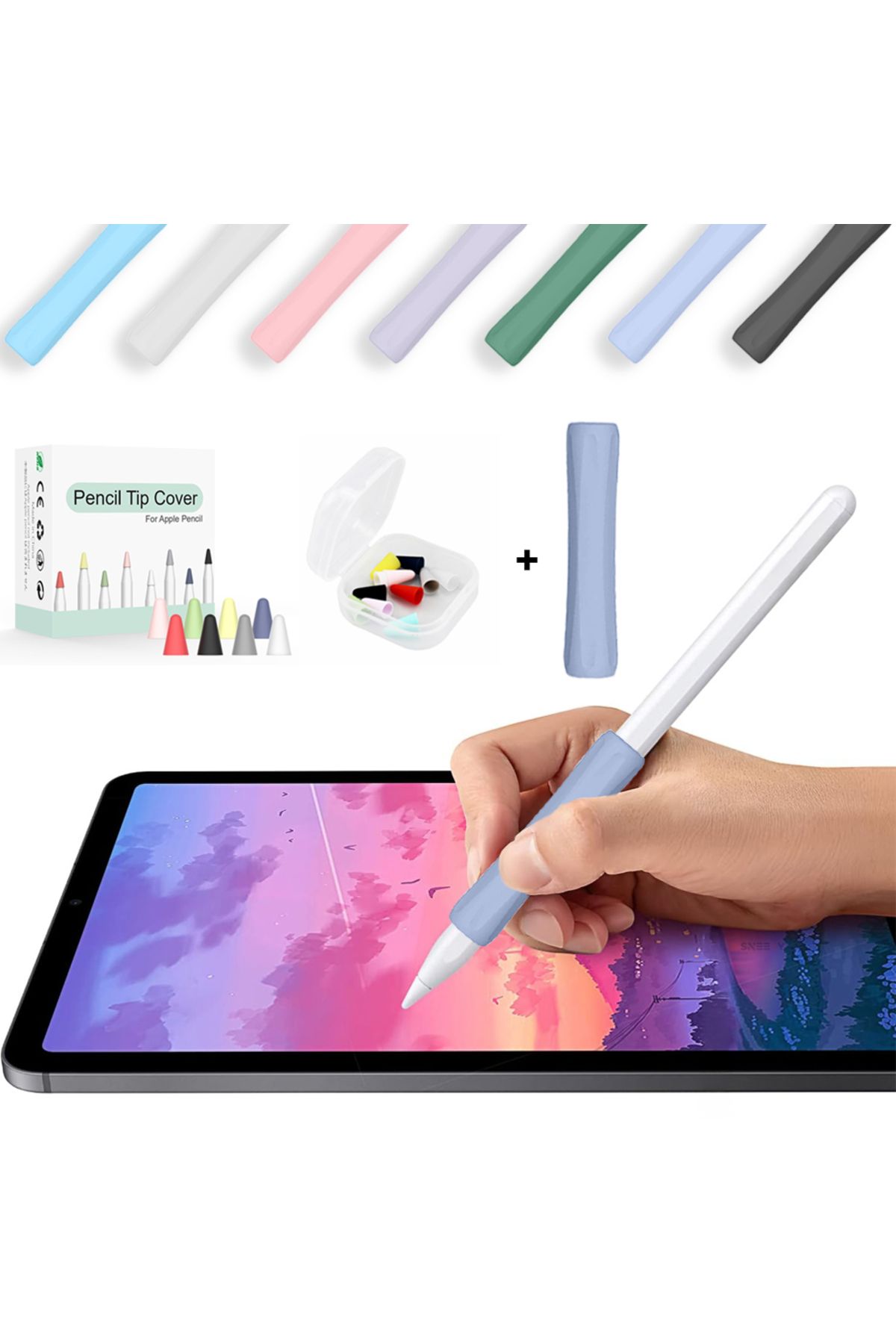 Sneezy Apple Pencil 1-2 Nesil Pro USB-C Uyumlu Soft Yumuşak Silikon Kalem Tutucu ve 8'li Kalem Ucu Koruyucu