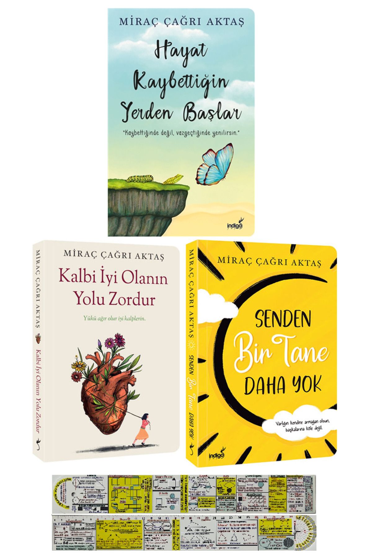 İndigo Kitap Miraç Çağrı Aktaş 3 Kitap/Hayat Kaybettiğin Yerden Başlar-Kalbi İyi Olanın Yolu Zordur+Mat. Cetvel