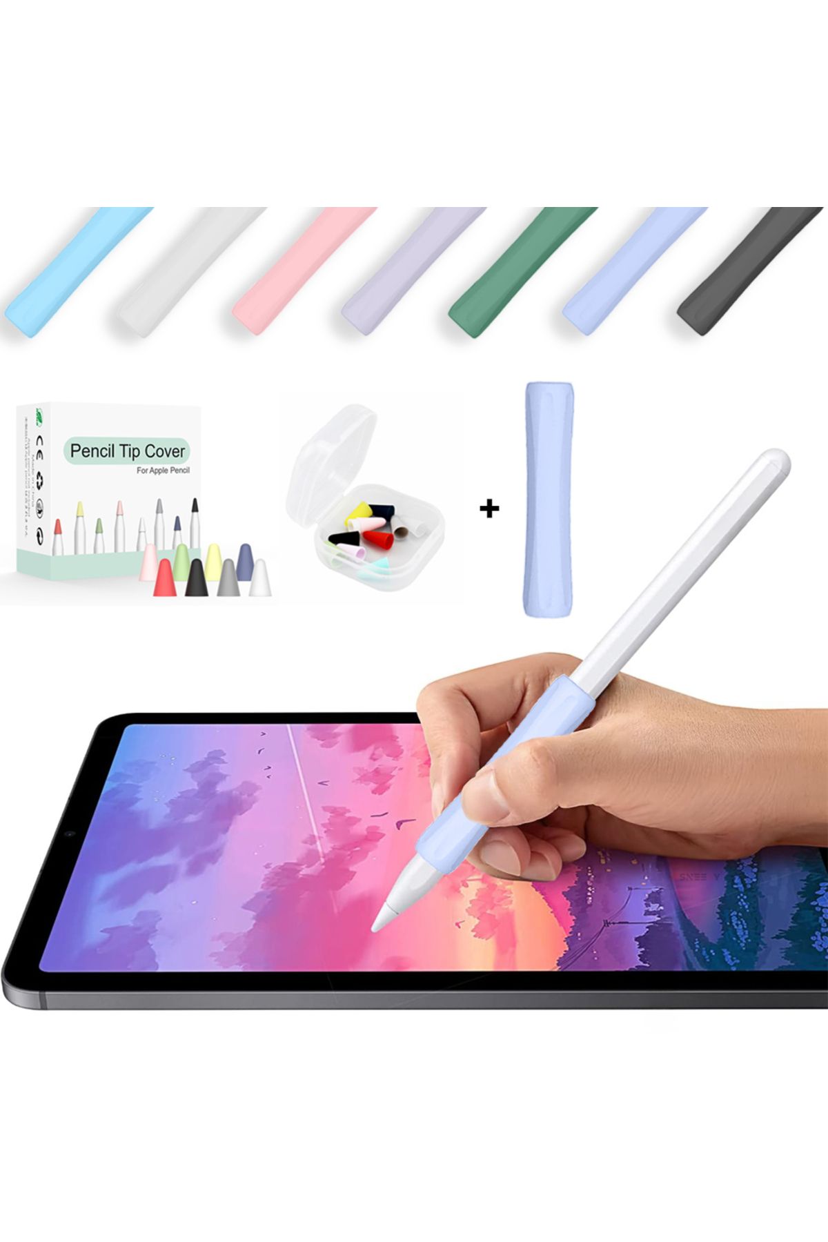 Sneezy Apple Pencil 1-2 Nesil Pro USB-C Uyumlu Soft Yumuşak Silikon Kalem Tutucu ve 8'li Kalem Ucu Koruyucu