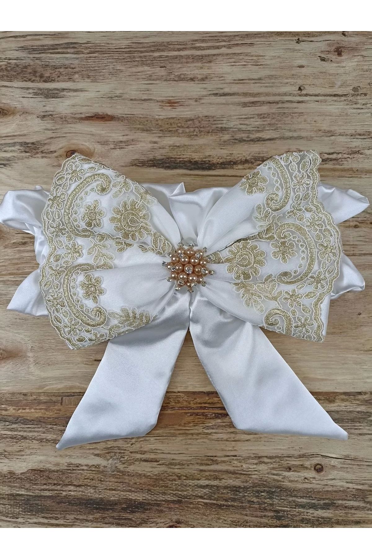 TİMİON-Sahra - Gold Baby Blanket with Pearl and Lace Bow Detail and Double Lace Veil 5