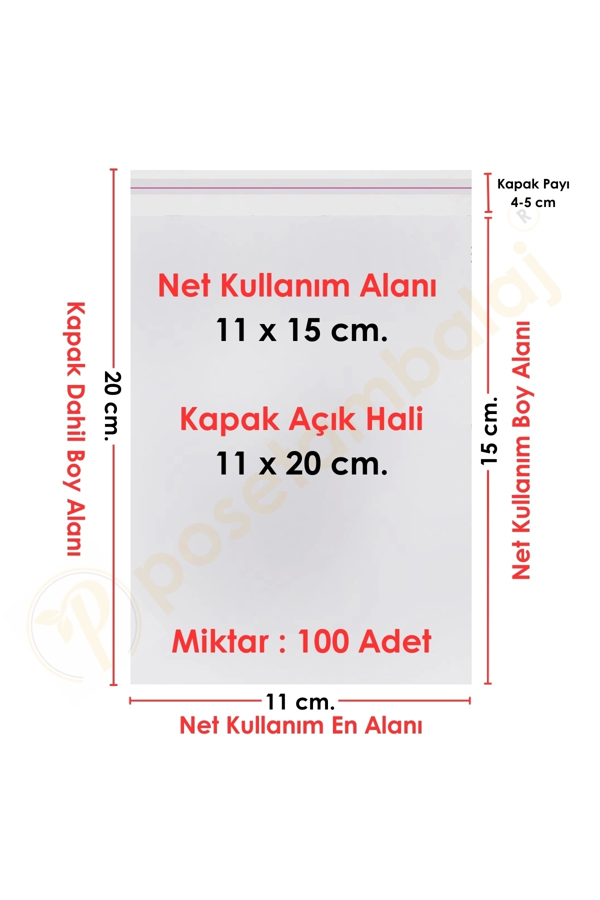 CarpCorn 11x15+5 Cm. (11*20) 100 Adet - Şeffaf Bantlı Yapışkanlı Opp Jelatin Poşet