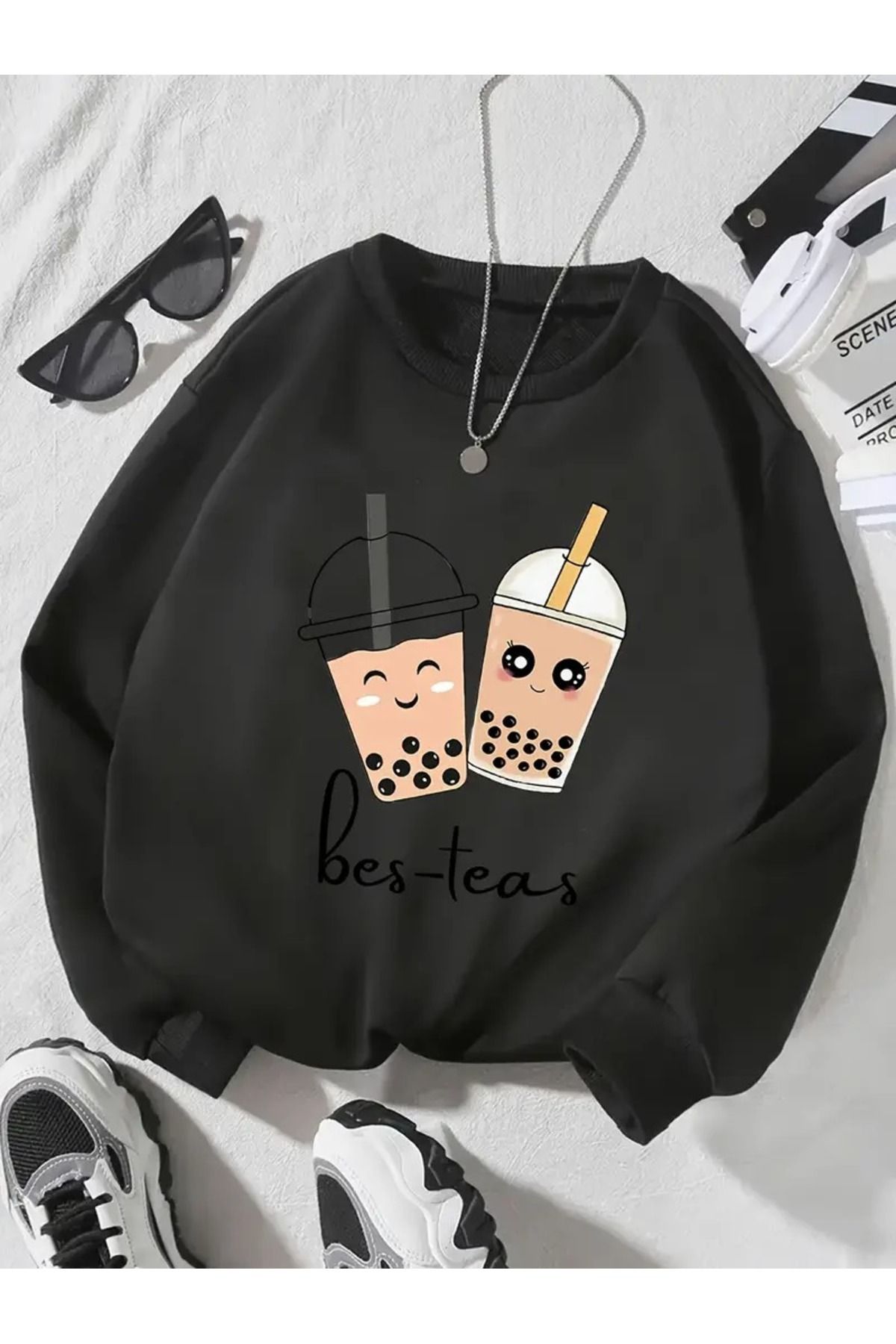 LAND MODA Unisex Siyah  BES-TEAS Baskılı Sweatshirt