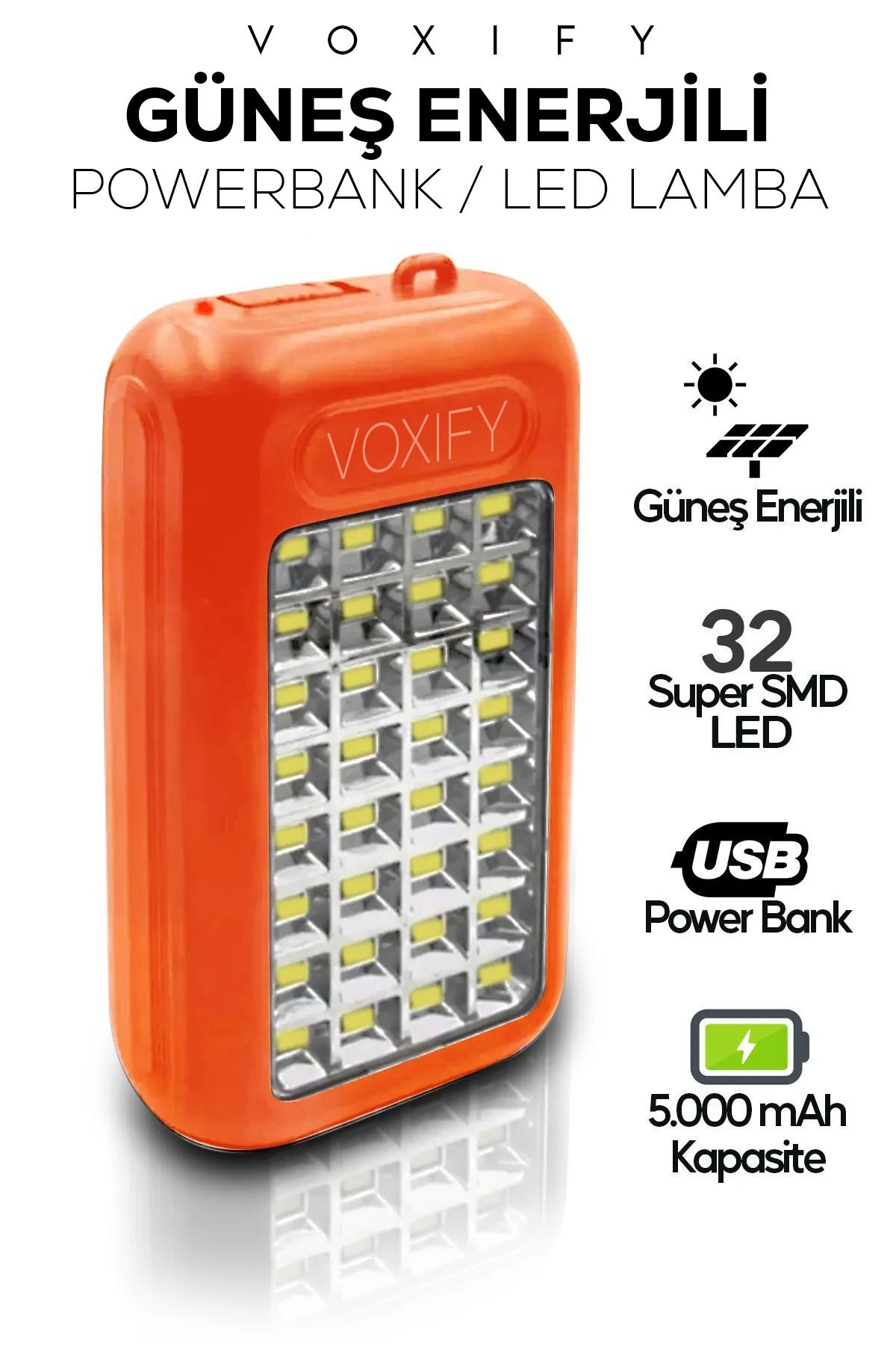 Voxify Solar Güneş Enerji Şarj Edilebilir PowerBank Özellikli Led Işıklı Suya Darbeye Dayanıklı Kamp Lamba