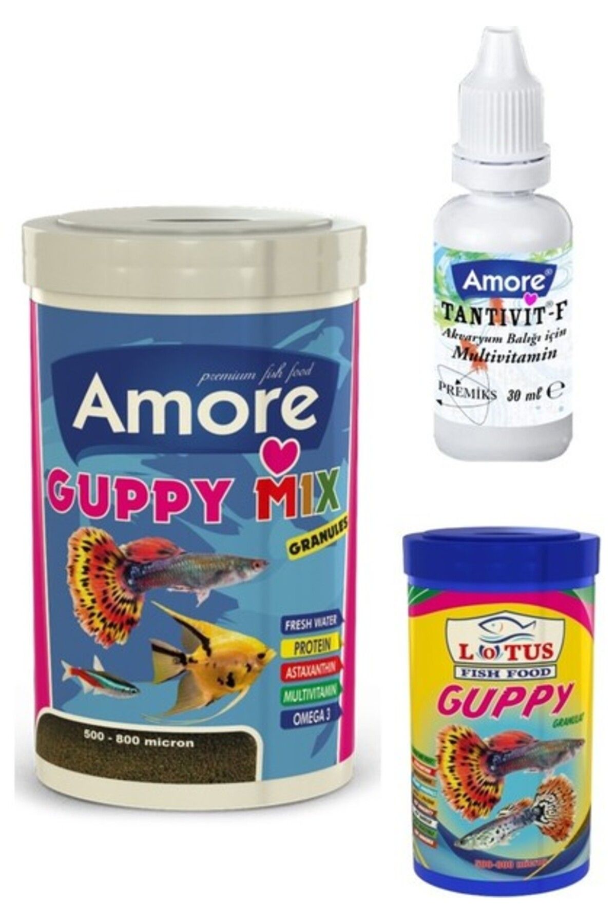 Orqinel Lepistes Moli Melek Tropikal Akvaryum Balık Yemi Amore Guppy Granules 250+100 ml Lotus ve Vitamini