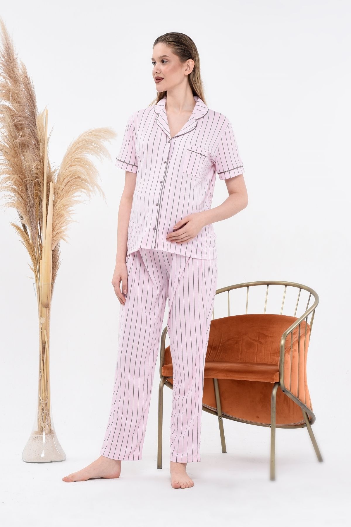 LadyMina Pijama-Set pijamale dublă cu mânecă scurtă în dungi roz pentru gravidă și maternitate 3