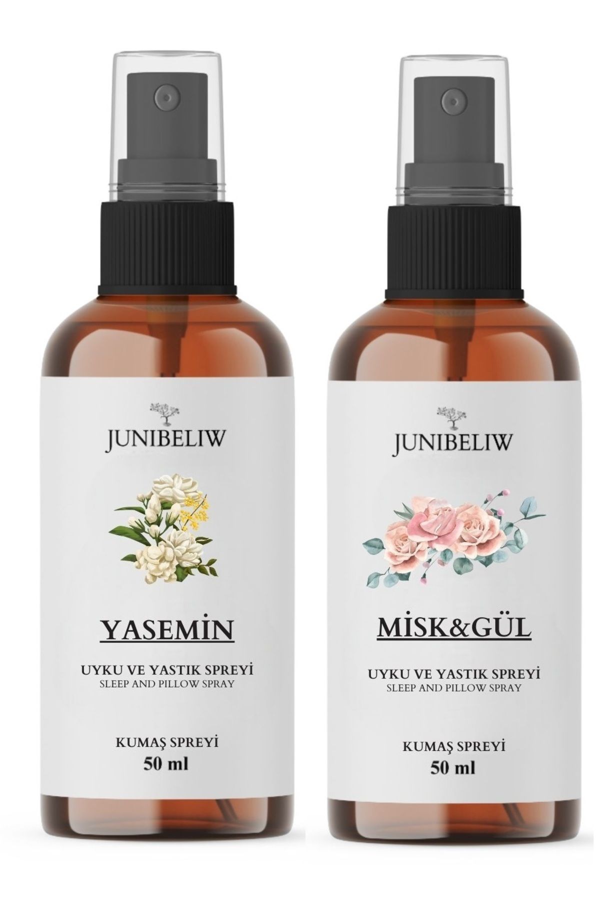 JUIWI 2li Set Alkolsüz Uyku Ve Yastık Spreyi Doğal Natural Misk Gül Yasemin 2x50ml (KUMAŞ IÇİN)