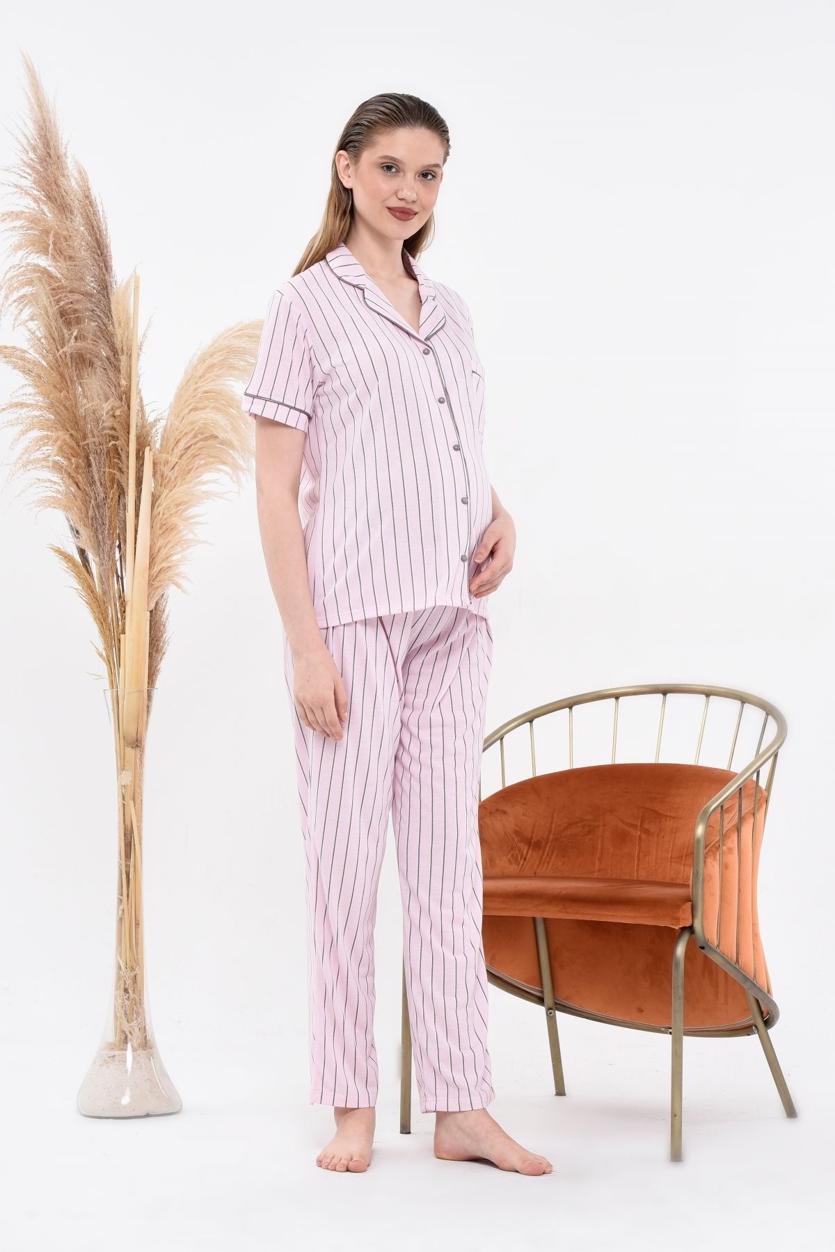 LadyMina Pijama-Set pijamale dublă cu mânecă scurtă în dungi roz pentru gravidă și maternitate 4