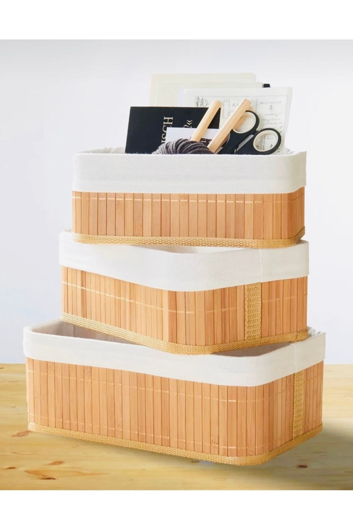 Home 3'lü Bambu Sepet-3'lü Bambu Organizer-Naturel Astarlı Çok AMaçlı Saklama Kutusu Organizer