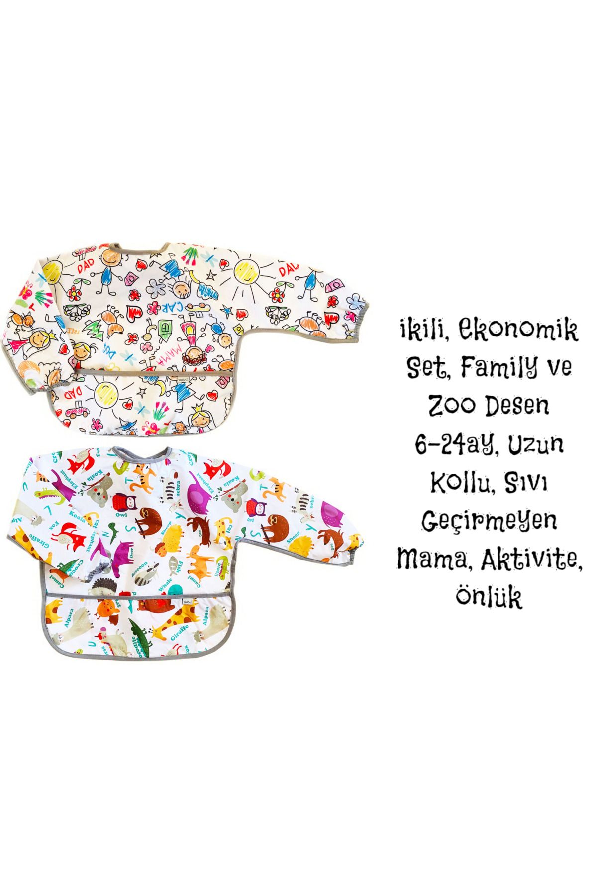 yorni 2 Adet, Ekonomik Set, 6-24ay, Family ve Zoo Desen, UZUN Kollu, Sıvı Geçirmez, Cepli, Mama Önlüğü