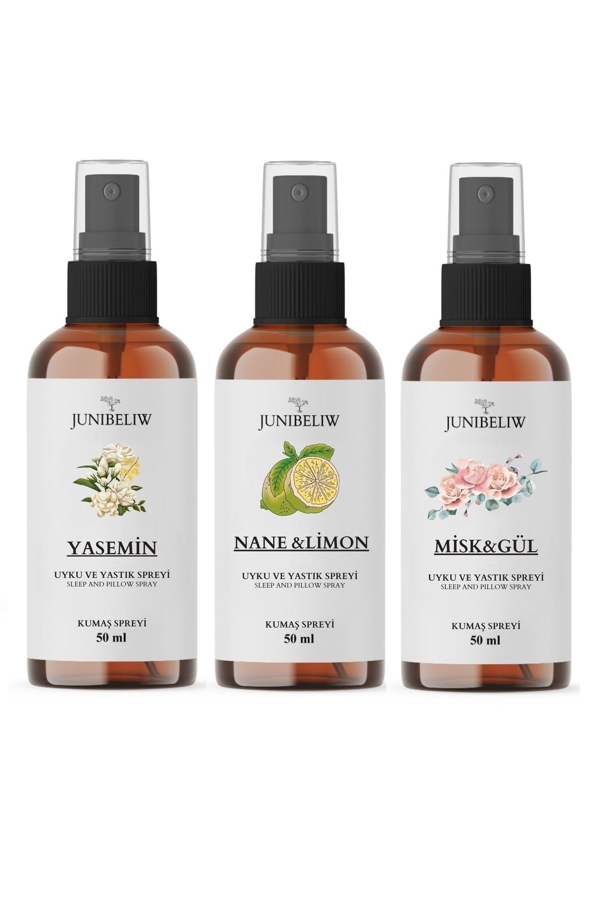 JUIWI 3lü Set Alkolsüz Uyku Ve Yastık Spreyi Doğal Natural Misk Yasemin Fresh Nefes 3x50ml (KUMAŞ IÇİN)