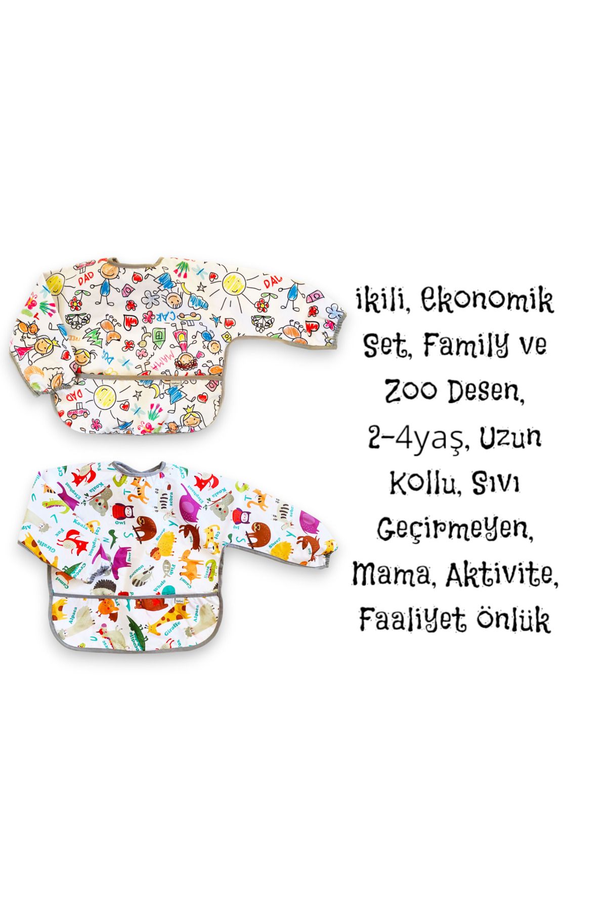 yorni 2 Adet, Ekonomik Set, 2-4yaş, Family ve Zoo Desen, UZUN Kollu, Sıvı Geçirmez, Cepli, Mama Önlüğü