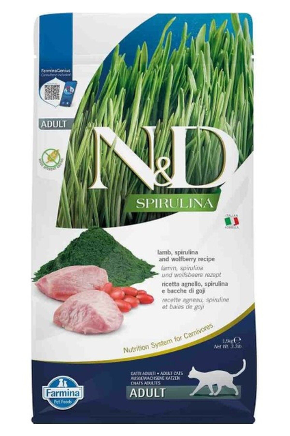 N&D Spirulina Tavkiyeli Kuzulu Yetişkin Kedi Maması 1,5kg