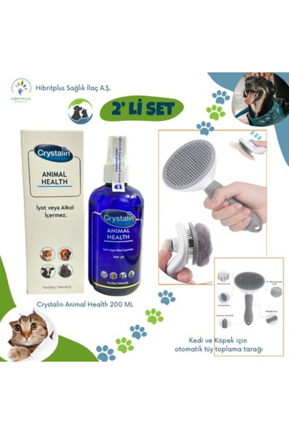 Orqinel Crystalin Animal Health 200 ml + Kedi ve Köpek Otomatik Tüy Toplama Tarağı 2 Li Set