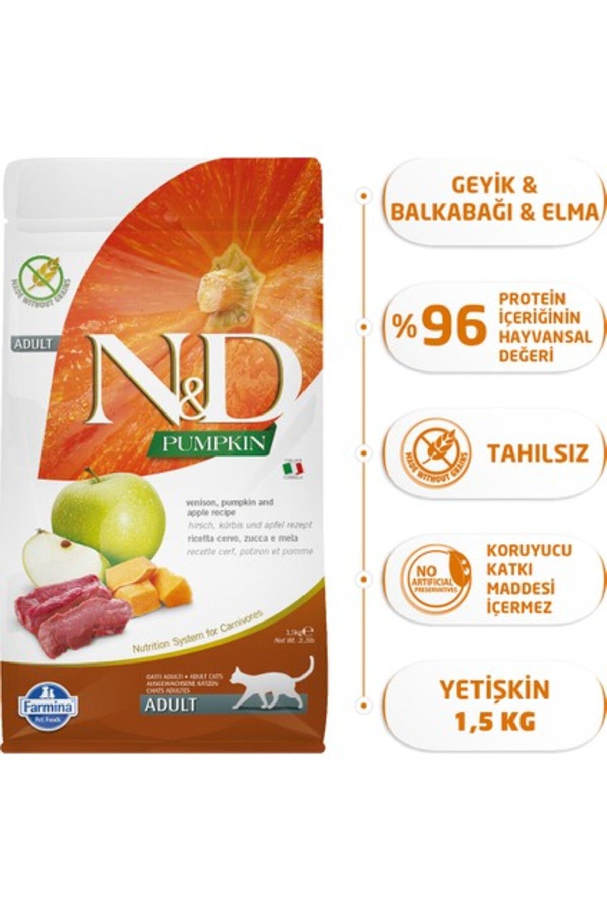 N&D Pumpkin 1;5 kg Tahılsız Geyik Etli Bal Kabaklı ve Elmalı Yetişkin Kedi Maması