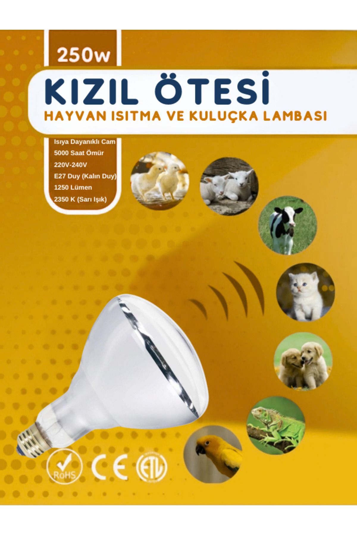 Avarson 250W Kızılötesi (infrared) Isıtıcılı Hayvan Isıtma ve Kuluçka Lambası (Sarı Işık) E27 (Kalın Duy)