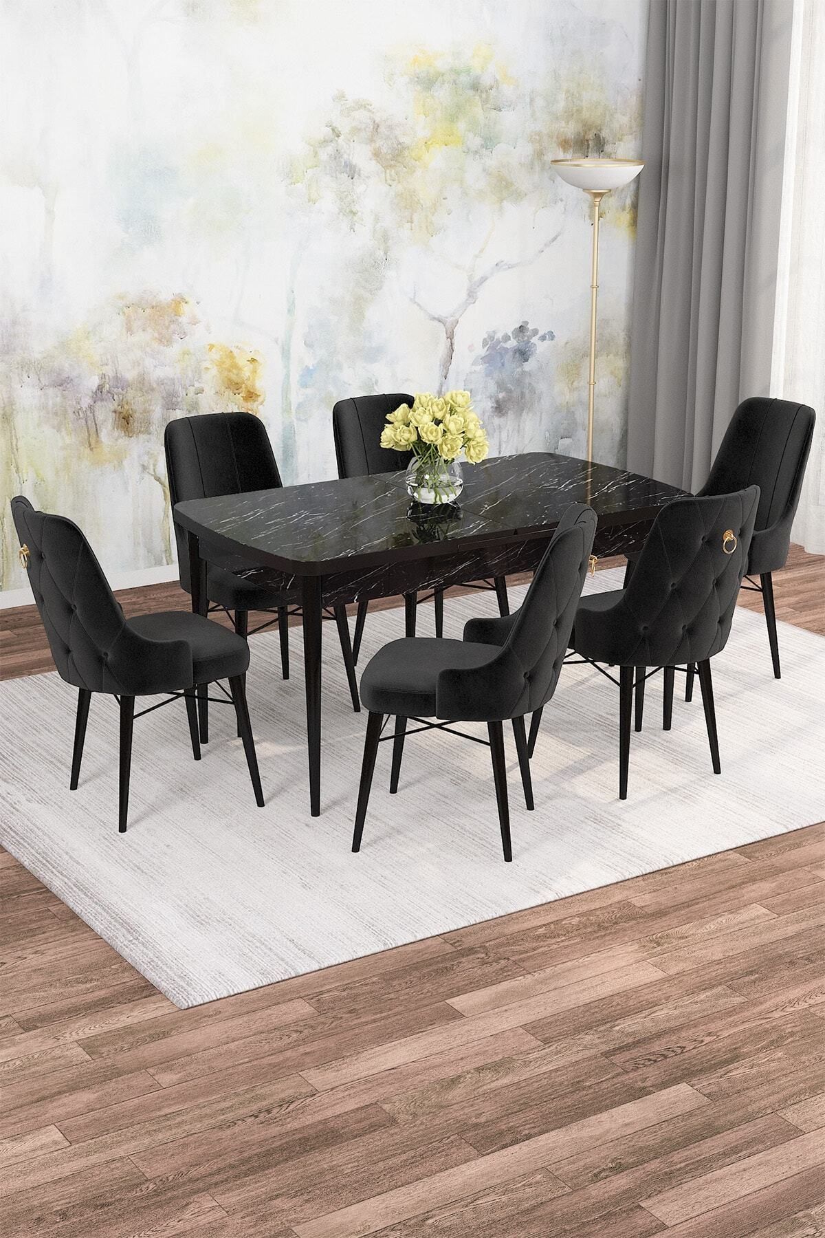 SONATA Siyah Mermer Desen 80 X 132 Açılabilen Mdf Yemek Masası Takımı 6 Adet Sandalye-0