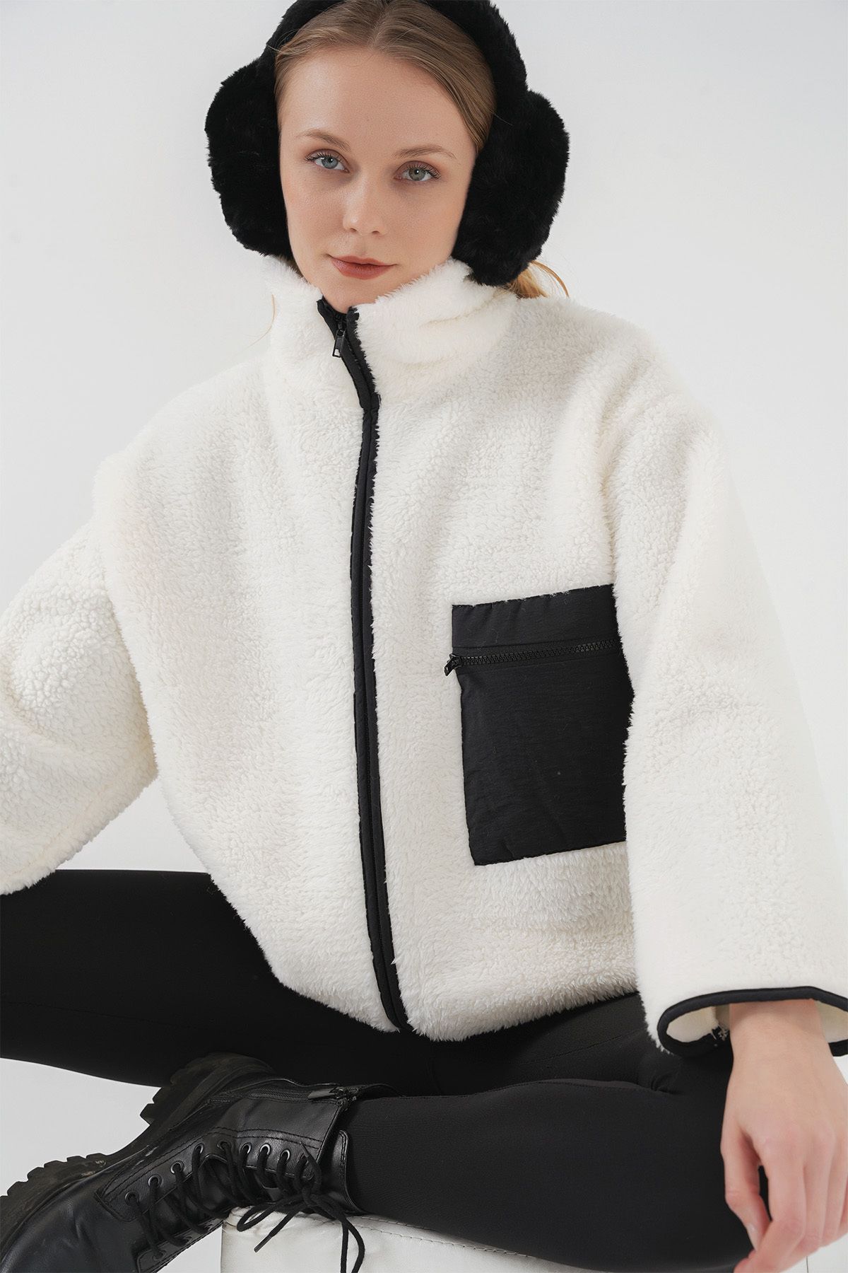 Bigdart-55446 Black Oversize Plush Jacket - Zippered Coat 4