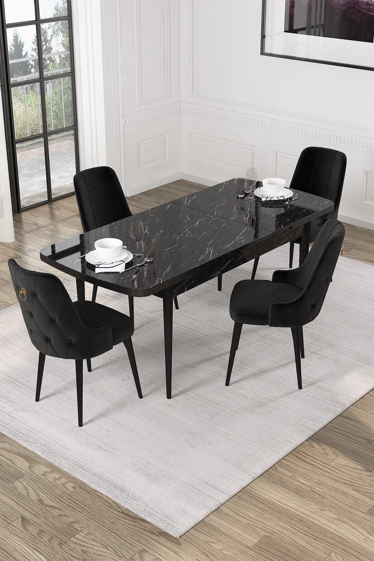 Mechta Siyah Mermer Desen 80 X 132 Açılabilen Mdf Yemek Masası Takımı 4 Adet Sandalye-1