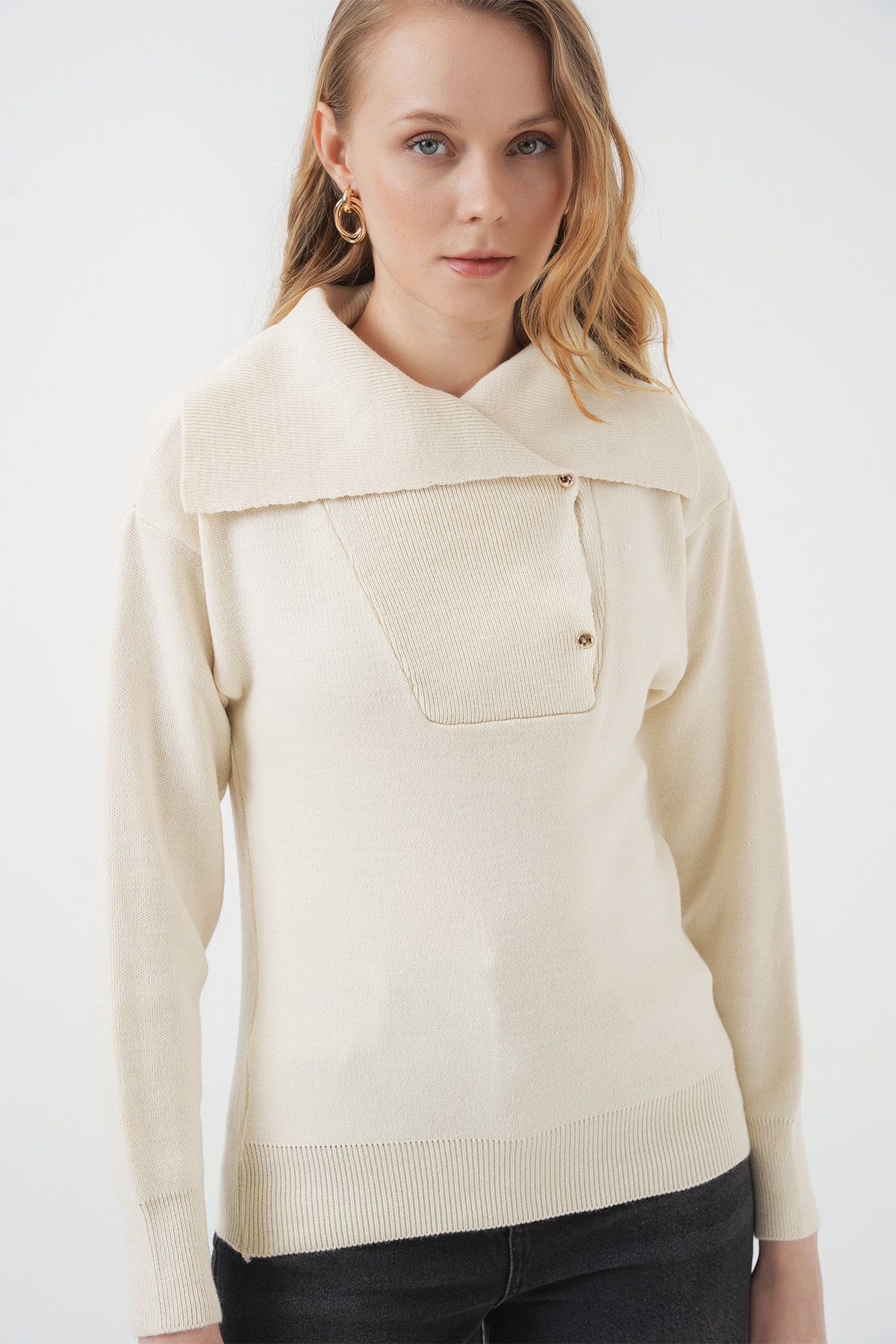Bigdart-15921 Strickpullover mit weitem Kragen – Creme 4