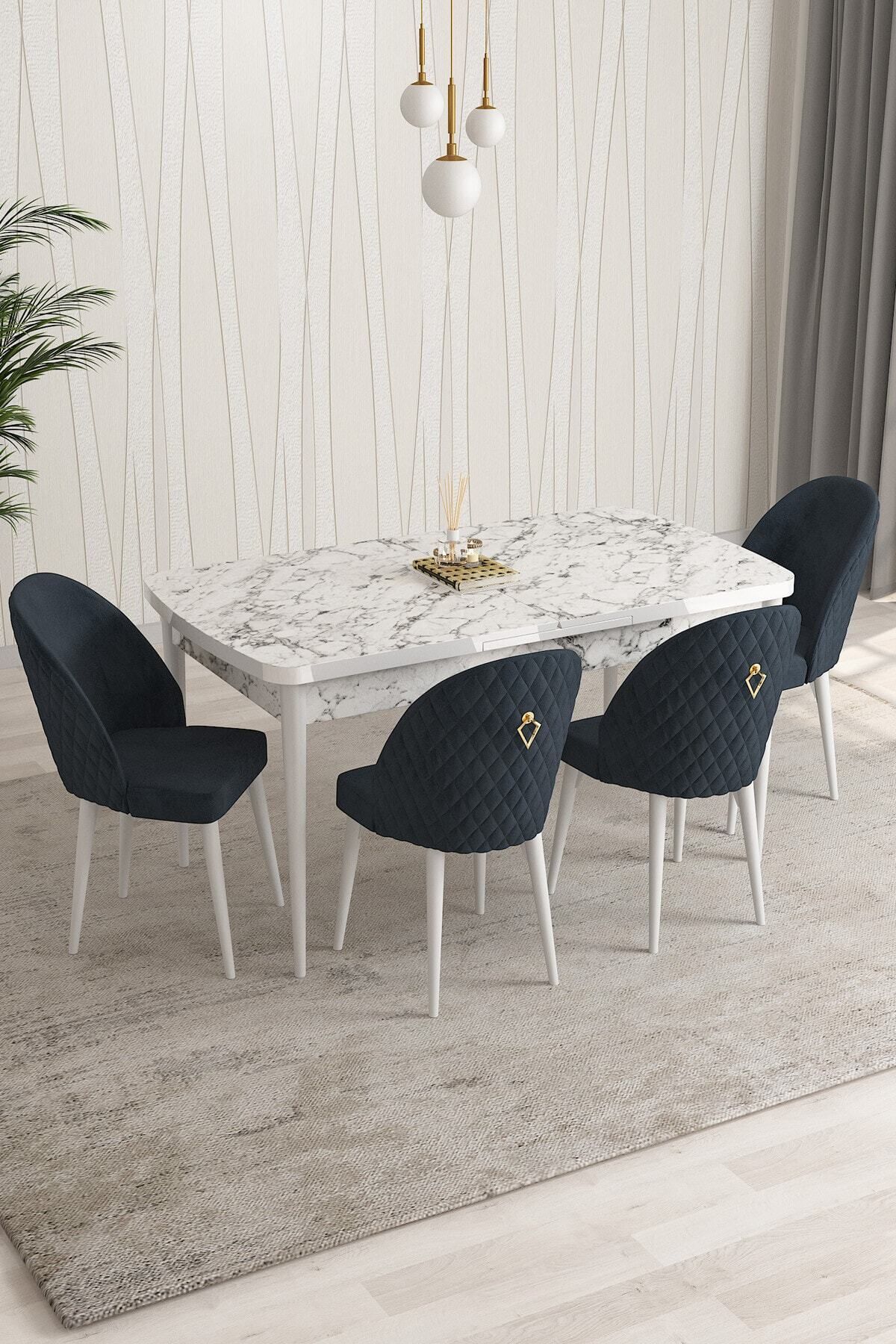 PARS Beyaz Mermer Desen 80 X 132 Mdf Açılabilen Mutfak Masası ( Takım Halinde ) 4 Adet Sandalye