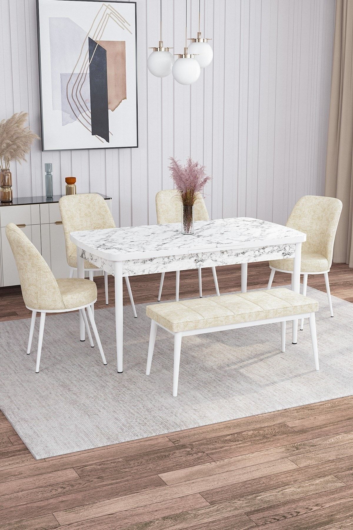 Belina Beyaz Mermer Desen 80 X 132 Açılabilen Mutfak Masası ( Takım Halinde ) 4 Sandalye, 1 Bench-0