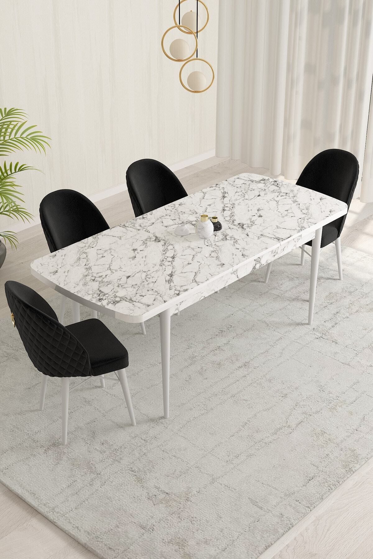 MİLENİUM Beyaz Mermer Desen 80 X 132 Mdf Açılabilen Yemek Masası Takımı 4 Adet Sandalye-1