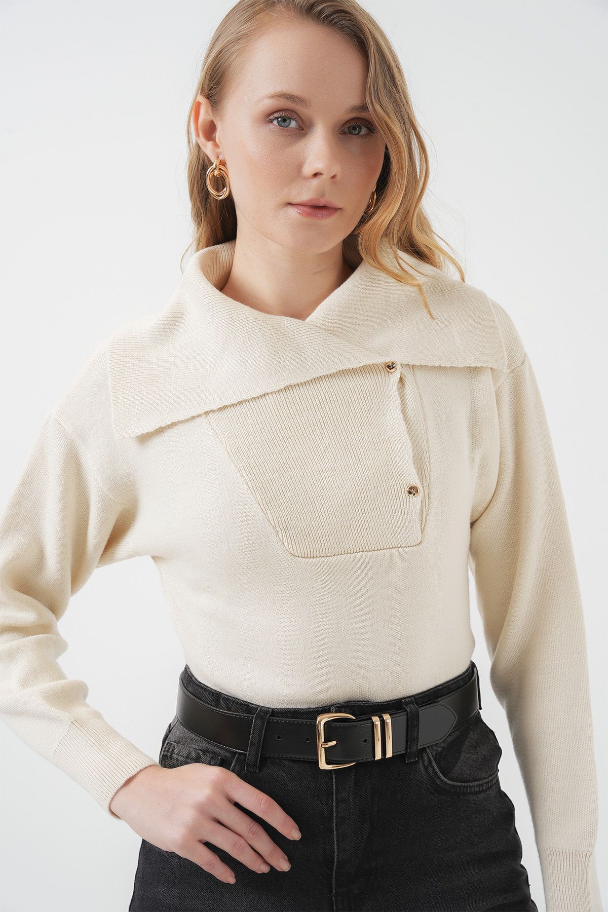 Bigdart-15921 Strickpullover mit weitem Kragen – Creme 3