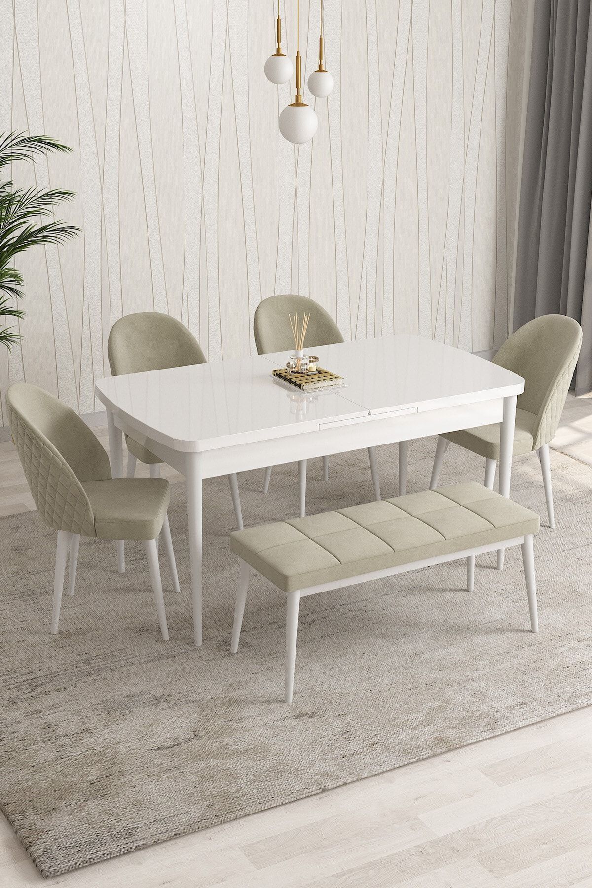 MOSKOV Beyaz 80 X 132 Açılabilen Yemek Masası Takımı 4 Sandalye, 1 Bench