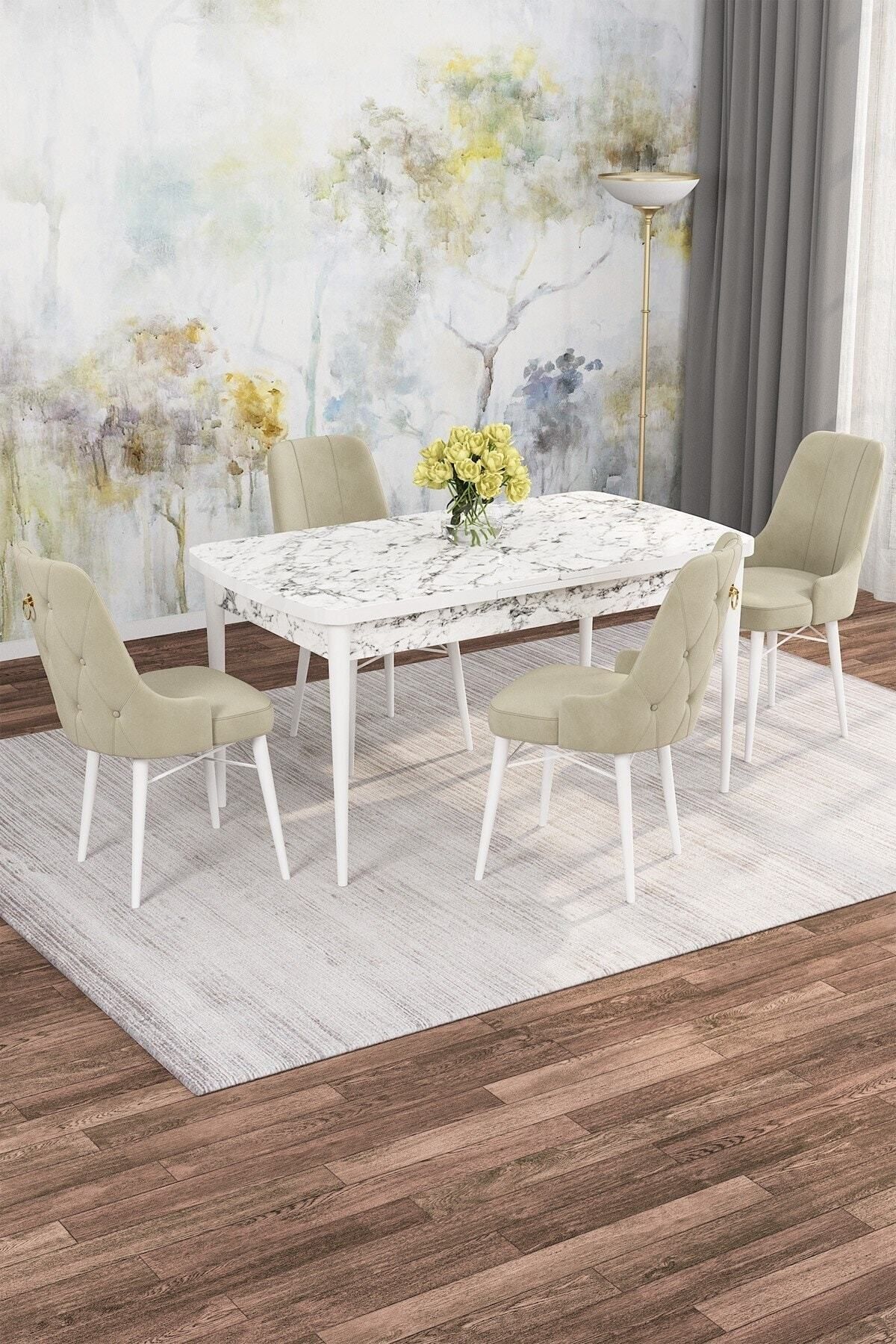 SONATA Beyaz Mermer Desen 80 X 132 Açılabilen Mdf Mutfak Masası ( Takım Halinde ) 4 Adet Sandalye-0