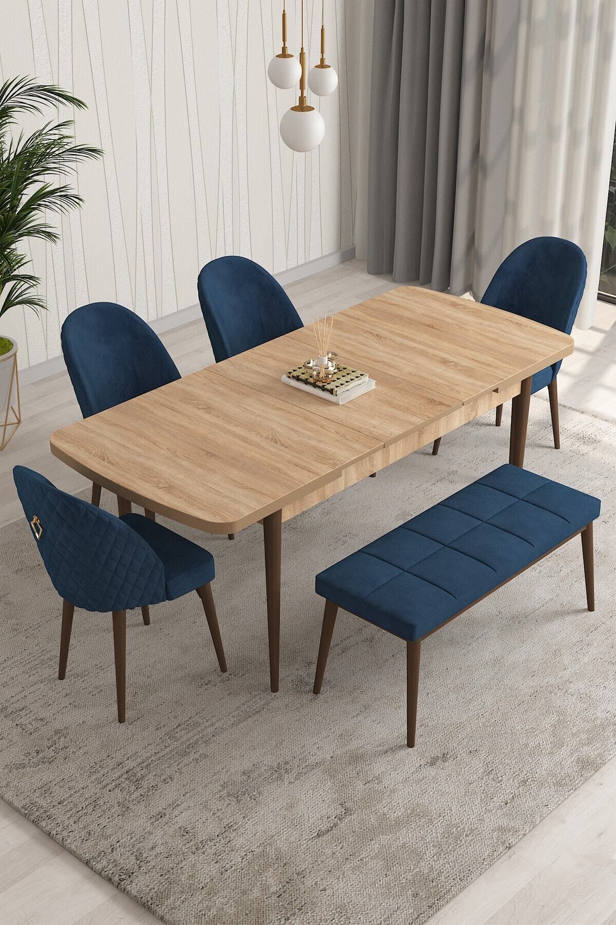 PARS Meşe Desen 80 X 132 Mdf Açılabilen Mutfak Masası ( Takım Halinde ) 4 Sandalye, 1 Bench-1