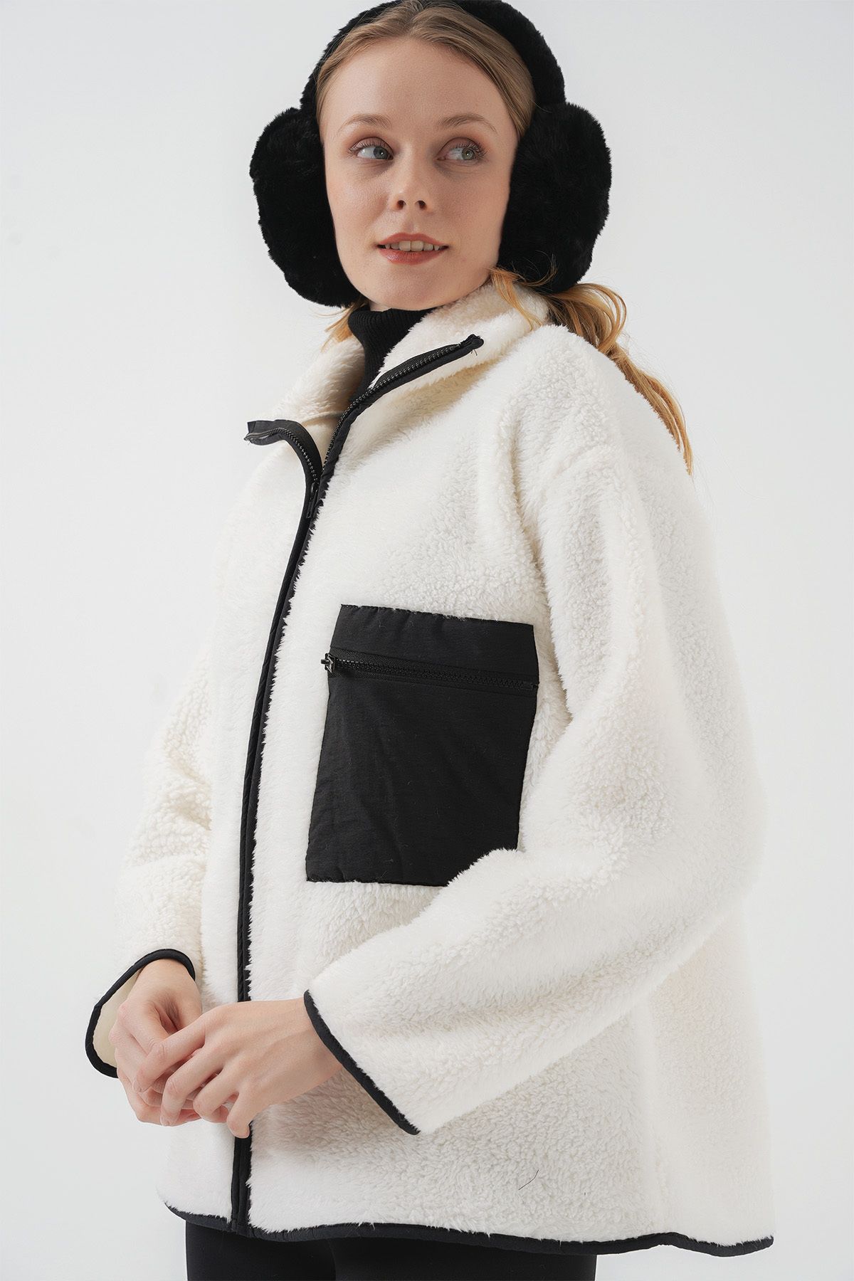 Bigdart-55446 Black Oversize Plush Jacket - Zippered Coat 3