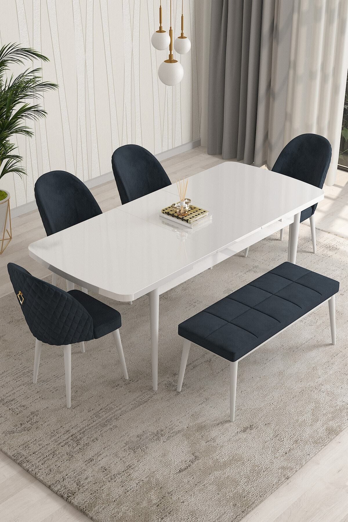 PARS Beyaz 80 X 132 Mdf Açılabilen Mutfak Masası ( Takım Halinde ) 4 Sandalye, 1 Bench-1