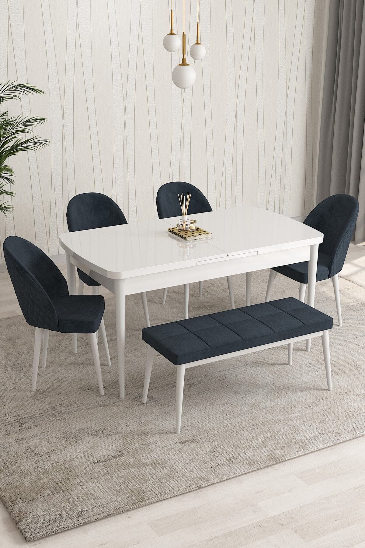 PARS Beyaz 80 X 132 Mdf Açılabilen Mutfak Masası ( Takım Halinde ) 4 Sandalye, 1 Bench-0
