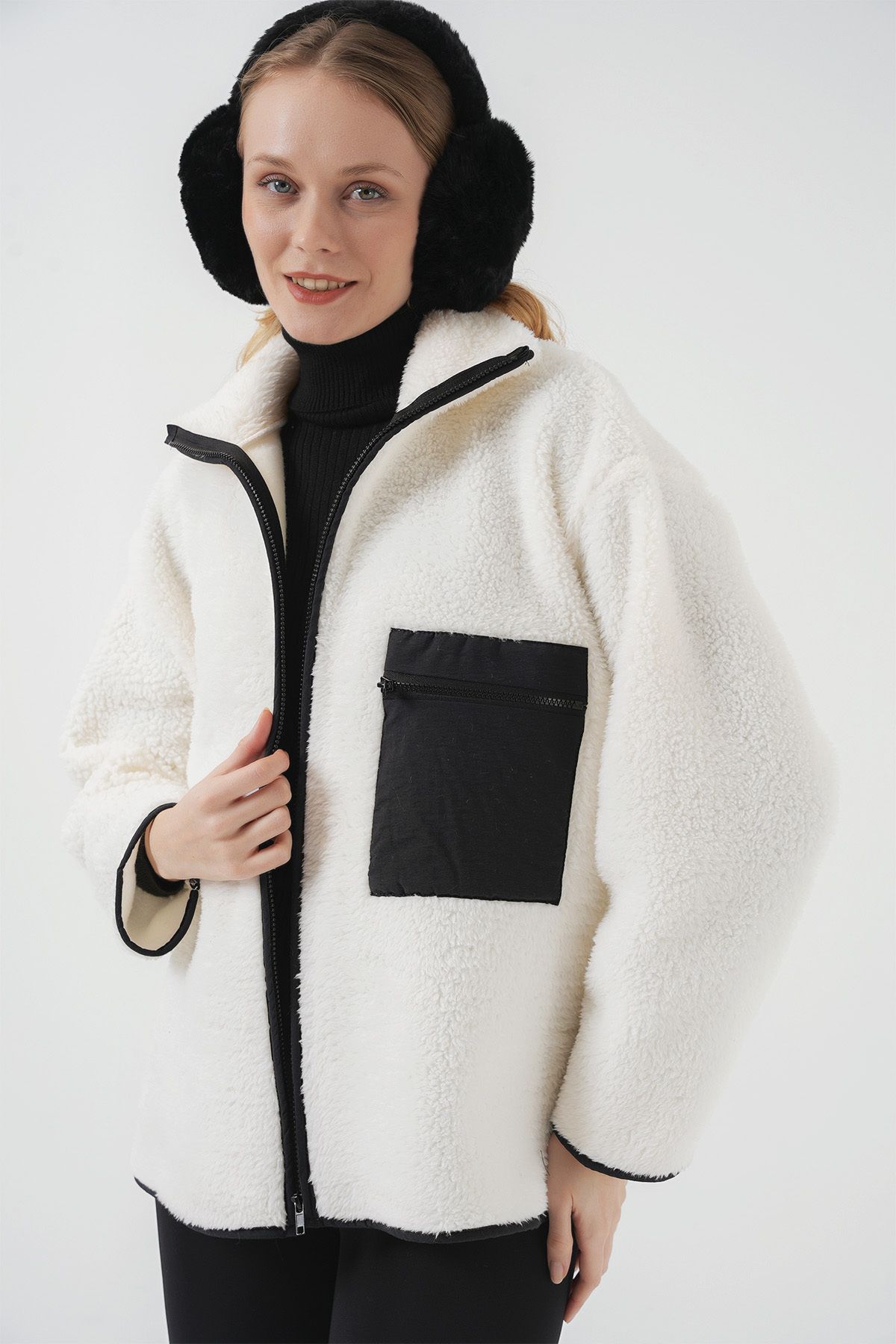 Bigdart-55446 Black Oversize Plush Jacket - Zippered Coat 5