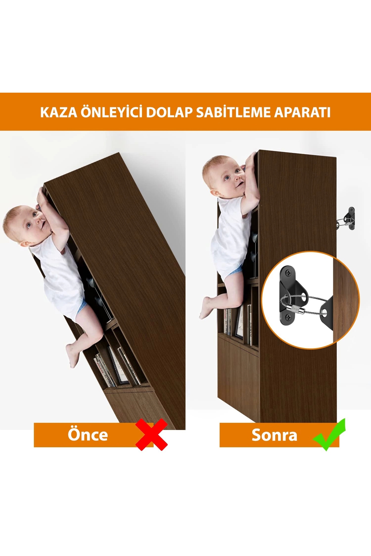 MR.BRACKET Ağır Yük Çelik Halatlı Deprem Dolap Sabitleme Aparatı - Mobilya Gardırop Duvar Sabitleyici Aparat fotoğrafı 3 (önizleme)