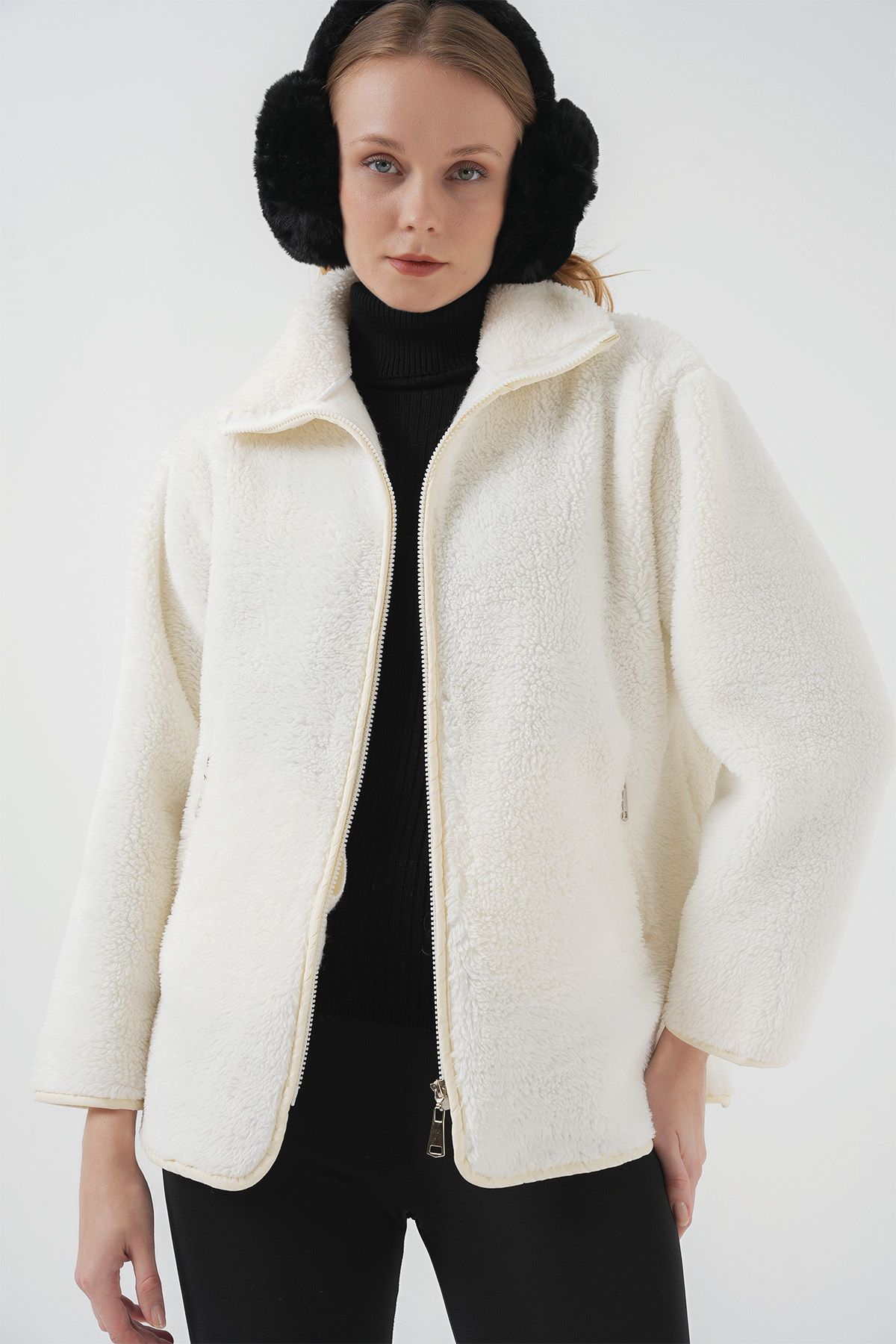 Bigdart-Ecru 5211 Zippered Plush Coat 3