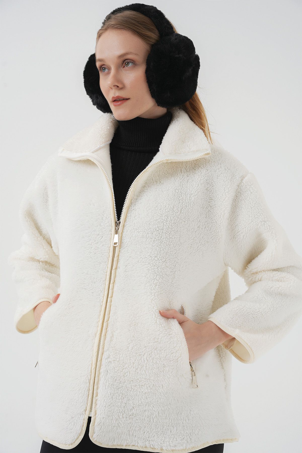 Bigdart-Ecru 5211 Zippered Plush Coat 4