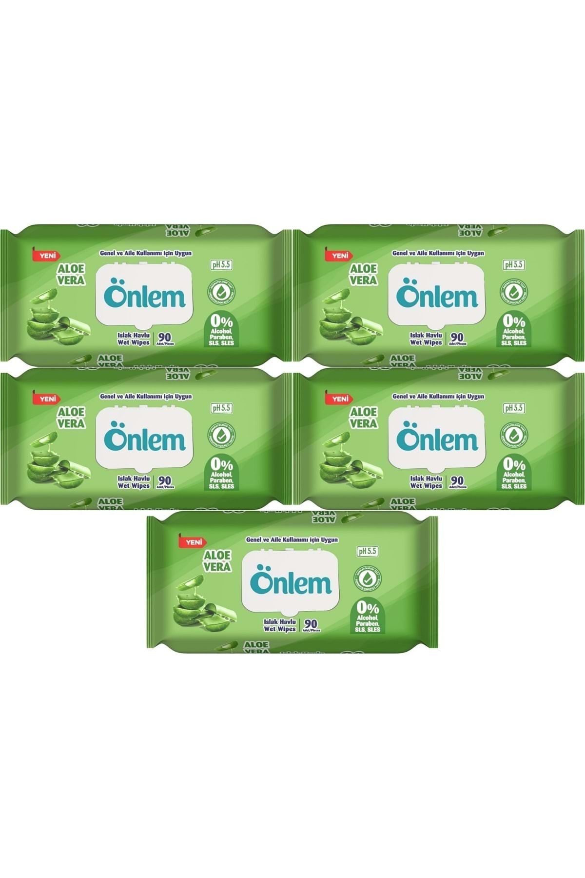 ÖNLEM Önlem Islak Havlu Mendil 90 Yaprak Aloe Vera Plastik Kapaklı (5 Li Set) (450 Yaprak)