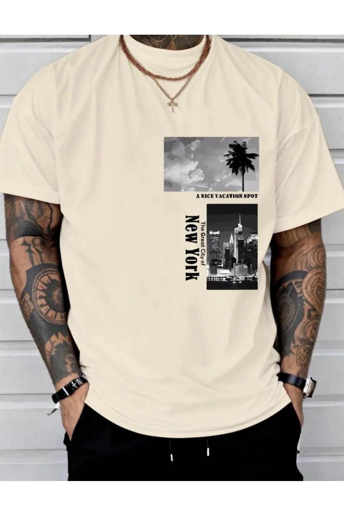 caddekombin Tricou unisex din bumbac cu gât rotund, imprimat, bej