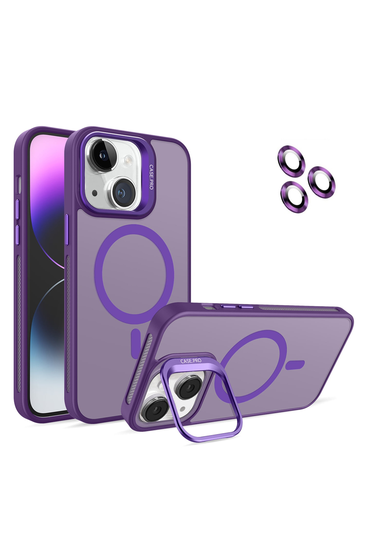 Apple iPhone 14 ile Uyumlu Lens Hediyeli Kamera Korumalı  Wireless Şarj Özellikli Standlı Premium Kılıf - Mor